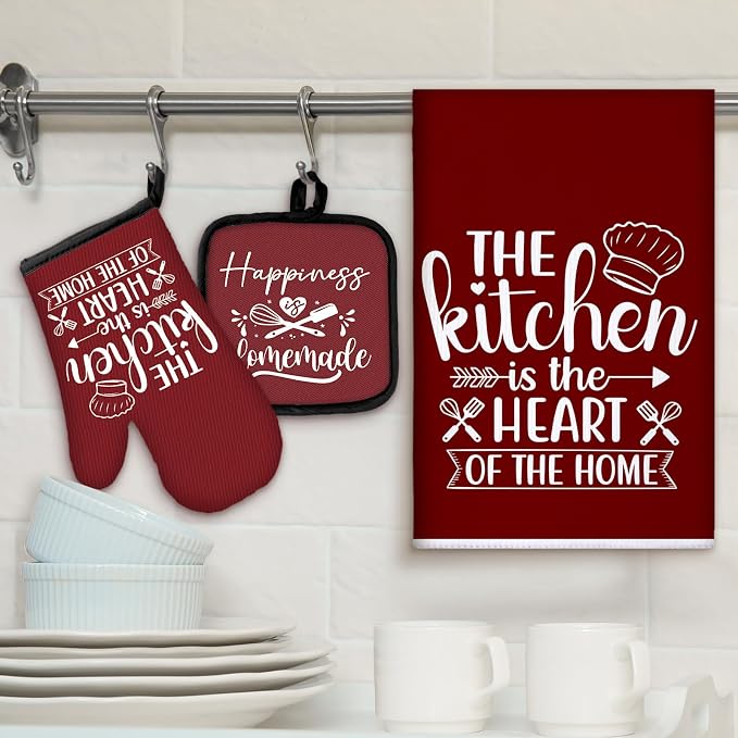 Sratte 6 Pcs Kitchen Decor Accessories Set, Kitchen, Wine Red | Farmhouse Kitchen Towels Pot Holders Oven Mitts Set 2 Dish Towels 2 Potholders 2 Cooking Mittens for Baking Cooking Supply