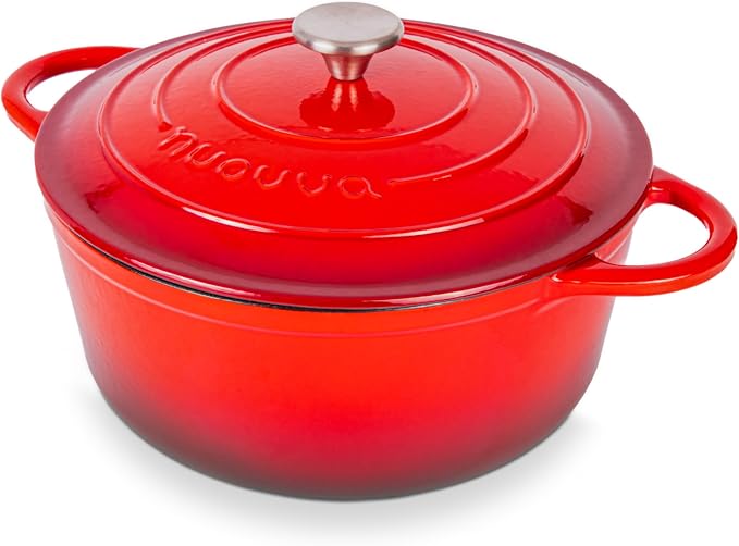 Nuovva Enamelled Cast Iron Dutch Oven Pot with Lid-6.4 Quart Non Stick Casserole Pot-Heavy Duty & Oven Safe up to 500° F for Bread Baking, Braising, Stews, Roasting - 28cm Red