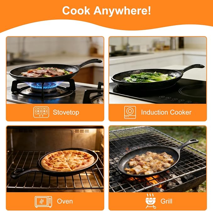2 Sets Cast Iron Fajita Skillet Set Sizzling Plate with Wooden Base & Anti Scald Protection Hot Handle Cover, Cast Iron Skillets Set for Home Barbecue Kitchen Party Restaurant Catering Service