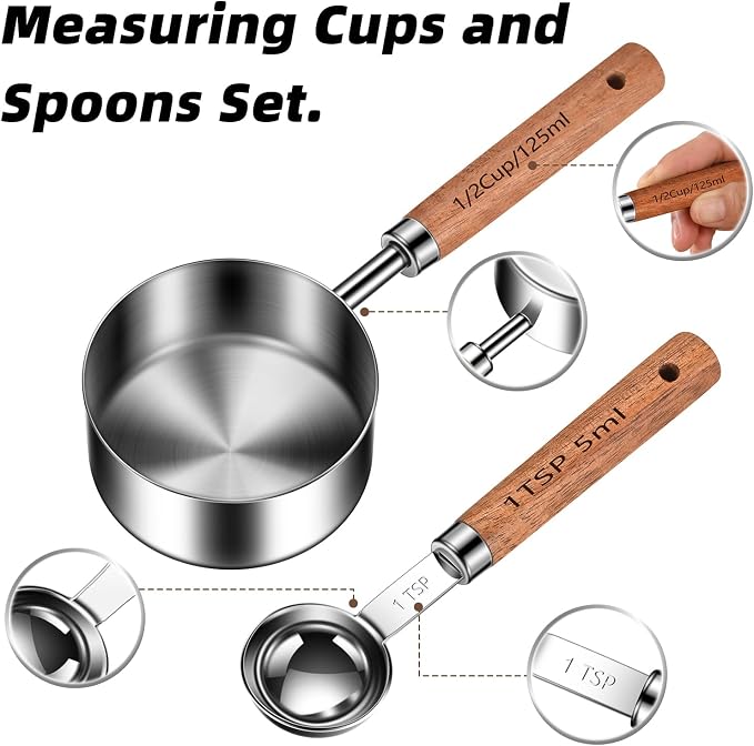 Wooden Handle Measuring Cups & Spoons Set 8-Piece – Stainless Steel, Stackable, Rustic Farmhouse Kitchen Gadgets, Non-Toxic, Dishwasher Safe, Gift for Bakers & New Homeowners.