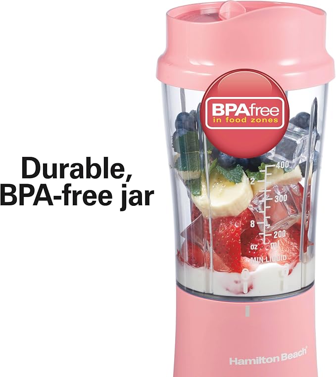 Hamilton Beach Portable Blender for Smoothies With 14 oz. Travel Jar | BPA Free Jar & Lid | Durable Stainless Steel Blades | 300 Watts Peak Power | Personal Smoothie Blender | Coral | 51171G