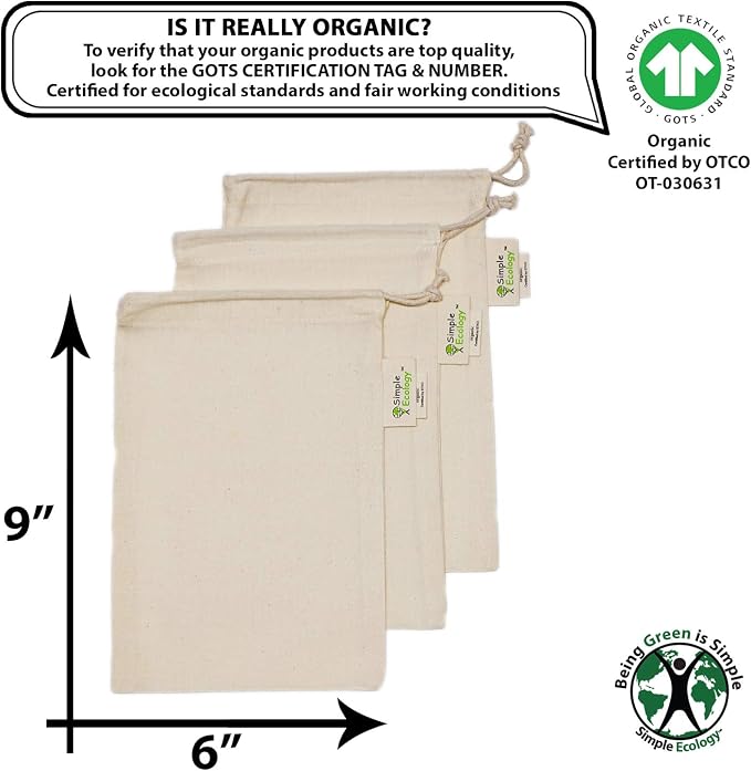 Reusable Grocery Produce Shopping and Storage Bags, Organic Cotton Muslin, XSmall 3 pack