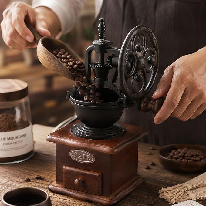 Vintage Manual Coffee Grinder with Cast Iron Ferris Wheel Hand Crank, Wooden Coffee Mill with Ceramic Burr, Adjustable Grind Size for Espresso, French Press, Pour Over, Home Barista Coffee Gift