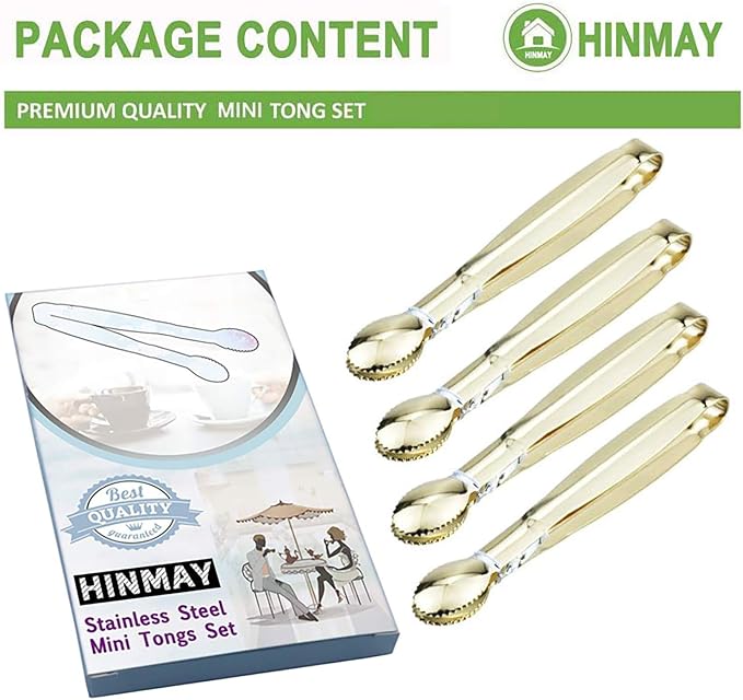 HINMAY Mini Serving Tongs 5 Inches Appetizer Tongs, Set of 4 (Gold)