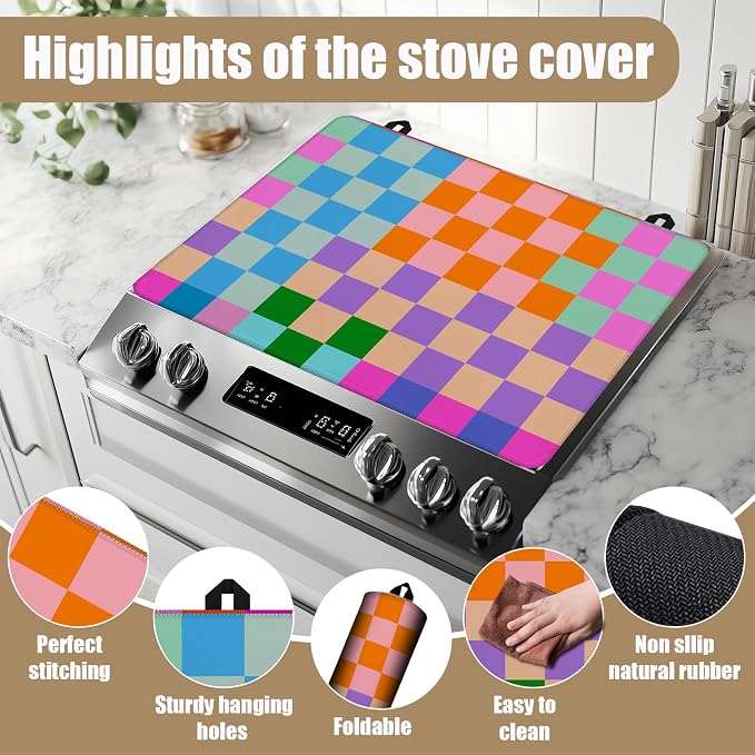 Colorful Checkered Stove Top Covers for Electric Stove, Electric Gas Stove Pad Heat Resistant Range Cooktop Protector for Home Decor Kitchen 28"x20"
