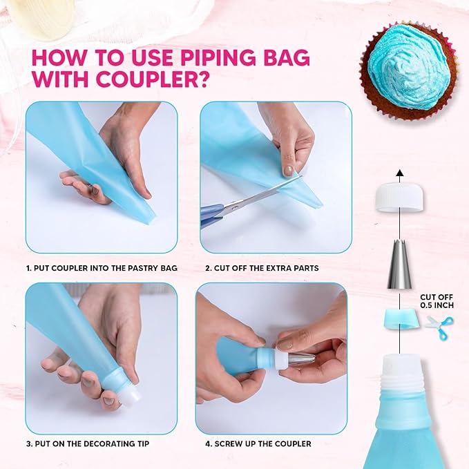 Piping Bags and Tips Set, 11.8 Inch 100 Anti Burst Piping Bags, 124 Pcs Cake Decorating Kit with 16 Piping Tips, 1 Reusable Pastry Bags, 3 Cake Scrapers, 2 Couplers, and 2 Icing Bags Ties