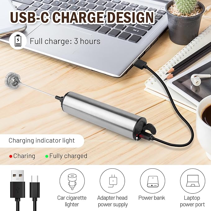 Milk Frother Wand for Coffee,Foamer,Latte,Cappuccino,Chocolate,Egg(Silvery) | Rechargeable Electric Handheld Frother Whisk with 5 Heads 2 Speeds