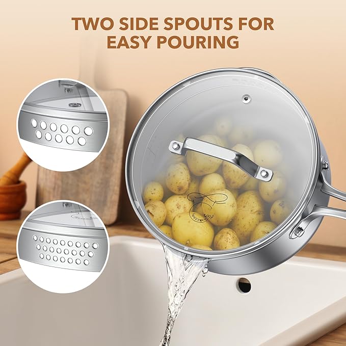 PekGema 3QT Saucepan w/Glass Strainer Lid, Tri-Ply Stainless Steel | Tri-Ply Stainless Steel;Dual Spouts&Strainer Holes;Measurement Marks;Dishwasher Safe;Oven Safe 500°F;All Stovetops