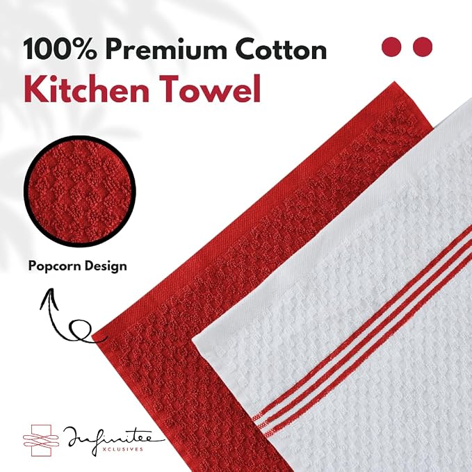 Infinitee Xclusives Kitchen Towels - 6 Pack - Cotton Dish Towel |15" x 25"| | 100% Cotton, Highly Absorbent Tea Towels - Lint Free, Soft, Durable & Quick Dry, Ideal for Drying Dishes & Kitchen Cleaning