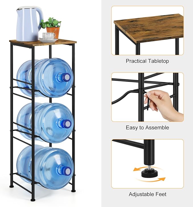 OYEAL 5 Gallon Water Bottle Jug Holder 3-Tier Water Bottle Holder Organizer with Top Shelf, Heavy Duty Water Dispenser Stand Rack for Kitchen Living Room Office, Rustic Brown