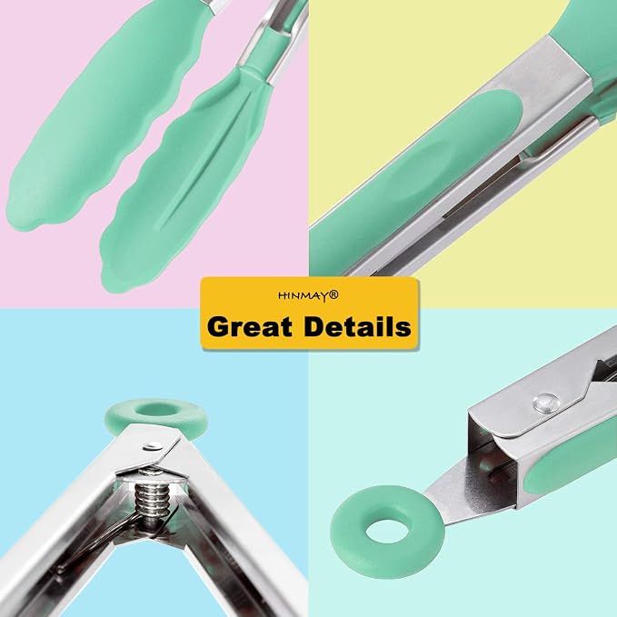 HINMAY 9-Inch Serving Tongs with Silicone Tips, Set of 3 (Mint Pink Yellow)