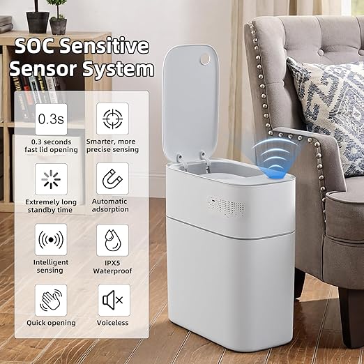 JUDRDO 3.5 Gal Slim Touchless Bathroom Trash Can, Automatic Diaper Pail | Motion sensor opening, automatic liner suction, slim profile for bathrooms, bedrooms, offices, kitchens and nurseries