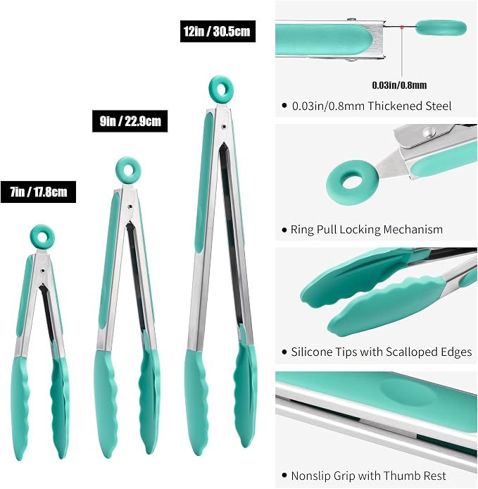 Doosu Kitchen Tongs with Silicone Tips for Cooking Serving (3Pcs, Aqua Sky) | 600°F Heat Resistant Food Tong, Heavy Duty Stainless Steel Locking Tong for BBQ, Grilling Steak, Salad, Toast, Pasta