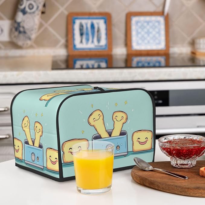 Toaster Cover 4 Slice with Cartoon Toast Pattern Dustproof Bread Maker Cover Fingerprint Bakeware Protection Wide Slot Toaster Bag Reusable Kitchen Small Appliance Cover