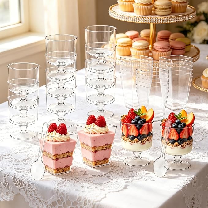 Ginkgo 100 Pack (200 Pieces) 5 oz Plastic Dessert Cups with Spoons | Dual-Shape Disposable Clear Square & Stemmed Cups, Mini Parfait Cups for Appetizer, Pudding, Yogurt, Fruit & Jello Shots