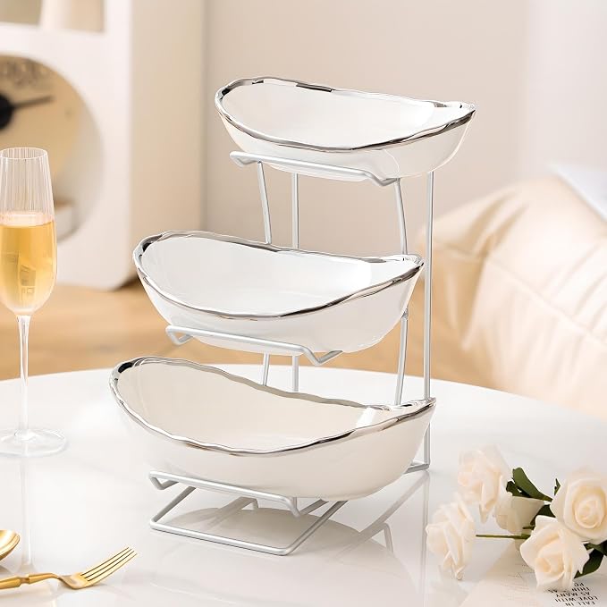 Gold Silver Fruit Bowl with Metal Stand, 3 Tier Ceramic White Fruit Bowl Fruit Rack for Kitchen Counter, Tiered Fruit Basket for Snacks Bread Candy Storage (White B (Smooth Surface))