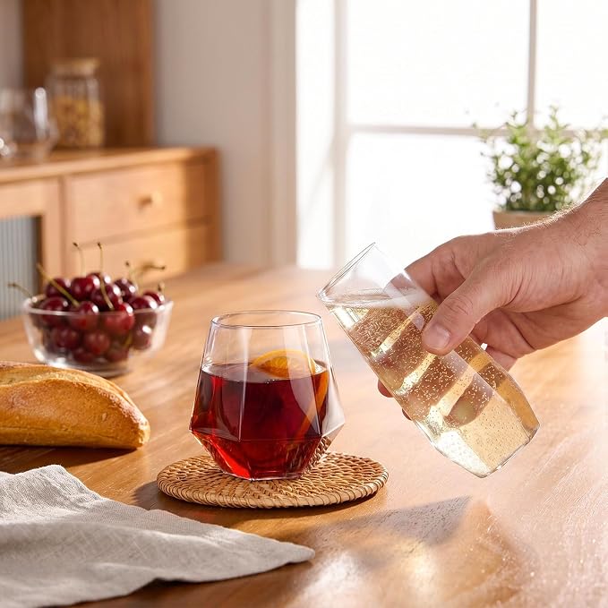 BESTSTAR 48 Pack Clear Plastic Wine Glasses Set BPA-Free Shatterproof | 24 9 OZ Stemless Champagne Flutes & 24 12OZ Diamond Wine Whiskey Glasses, Clear Drinkware for Weddings, Parties & Events