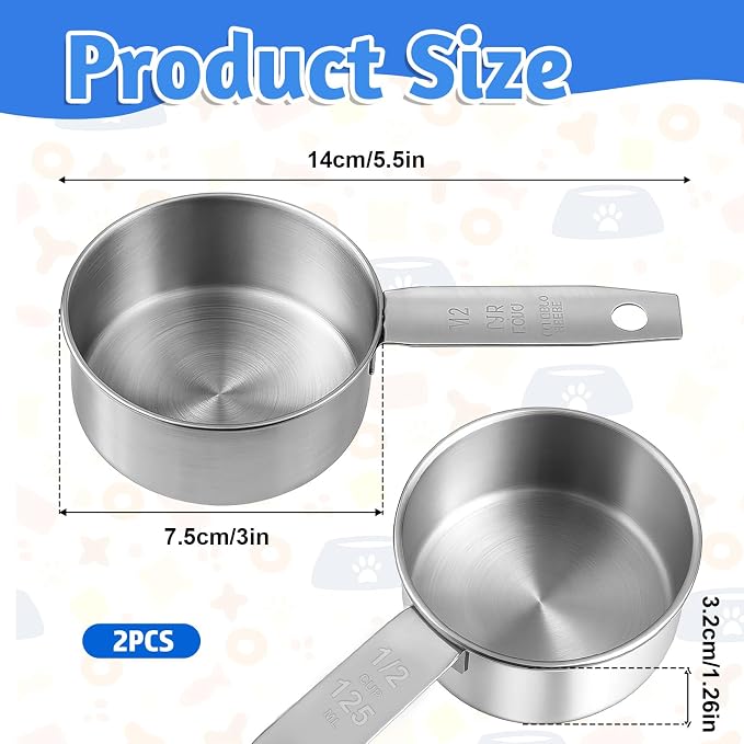 2 PCS 1/2 Cup Dog Food Scoop, 1/2 Cup Measuring Scoop | Stainless Steel, Half Cups, Feeding Pets, Wet and Dry Ingredients, 125ml, Dishwasher Safe