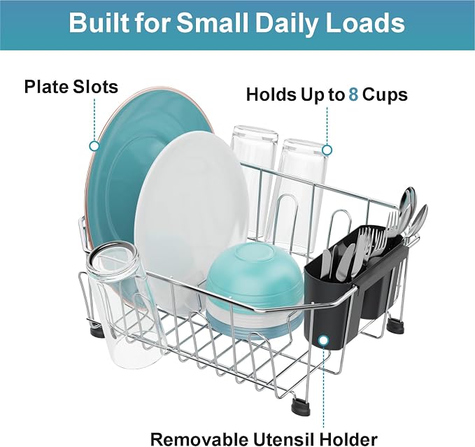 Small in Sink Dish Drying Rack - Stainless Steel for RV Kitchen | Compact Design for Apartments, Angled Corners Fit Square & Round Sinks, Utensil Holder, Cup Hooks, 1-2 Person, 11.6" x 13.4"