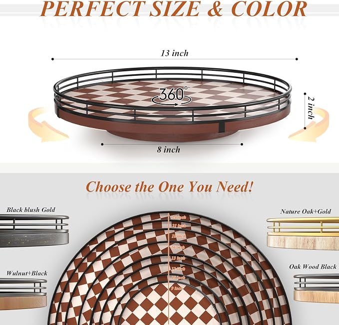 AMH 13-Inch Brown White Checkerboard Lazy Susan with Black Metal Rail | Smooth rotating oak tray with walnut finish for dining tables, kitchen counters, pantries and cabinet storage.