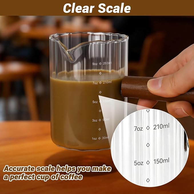 Espresso Measuring Cup 9 Oz, Espresso Glass Cups with Wood Handle, Milk Frothing Cup, Espresso Cup for Coffee, Milk, Tea or Maple Syrup Serving (Transparent, 9 oz)