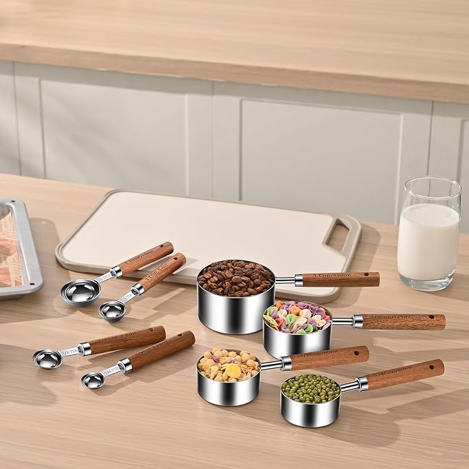 Wooden Handle Measuring Cups & Spoons Set 8-Piece – Stainless Steel, Stackable, Rustic Farmhouse Kitchen Gadgets, Non-Toxic, Dishwasher Safe, Gift for Bakers & New Homeowners.