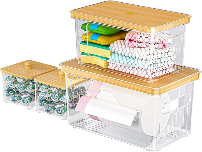 FELIZHOUSE 4 Pack Trash Bag Holder with Bamboo Lid, Stackable Garbage Bag Dispenser Under Sink, Storage Organizer for Kitchen, Laundry, Pantry (S+S+M+L)
