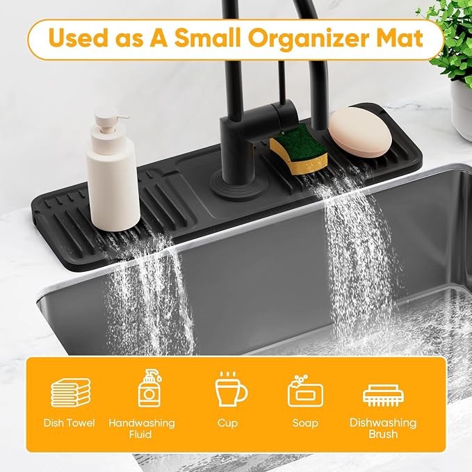 17.7'' Folding Faucet Mat for Kitchen Sink Splash Guard[7° Slope Fast Self-draining][Snap Lock Fit] Kitchen Sink Faucet Mat Splash Guard Kitchen Sink Area Water Splash Guard Behind Faucet Draining Mat
