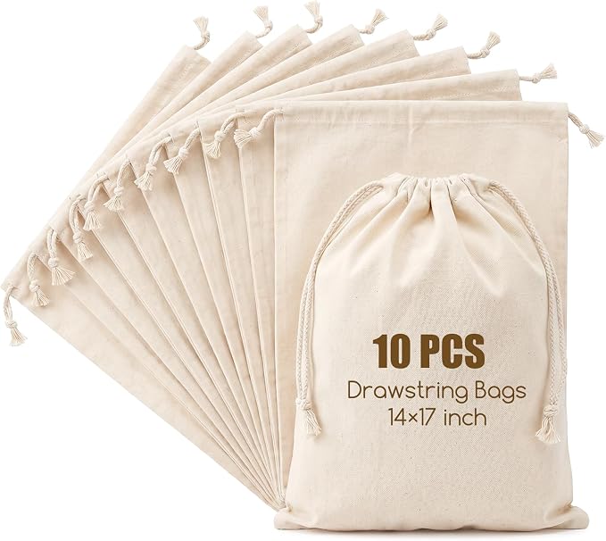10PCS Pure Cotton Storage Bags with Drawstring, X-Large 14x17'', Natural Vegetable Storage Bag, Reusable Muslin Bulk Flour Sack Bag, Washable Food Safe, for Bread Grocery Produce Shopping DIY Tie Dye