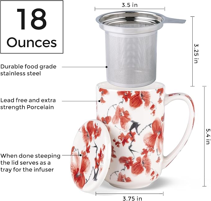 AmorArc Tea Cup With Infuser and Lid, 18oz Loose Leaf Tea Mug With Steeper | Porcelain Tea Mug With Infuser and Lid, Large Strainer Tea Cup with Lid for Tea, Coffee Mug for House-warming Birthday Gift