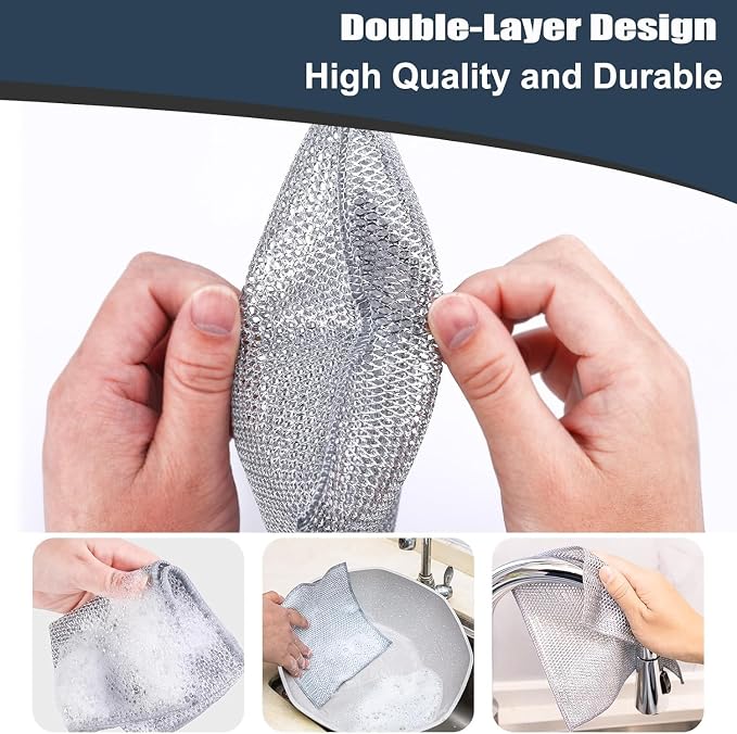 10 Pcs New Upgrade Steel Wire Dishcloth,Double-Layer Steel Wire Cleaning Cloth,Powerful Cleaning Non-Scratch Wire Dishcloth Rag for Cookware, Sinks, Dishes, Stove Tops