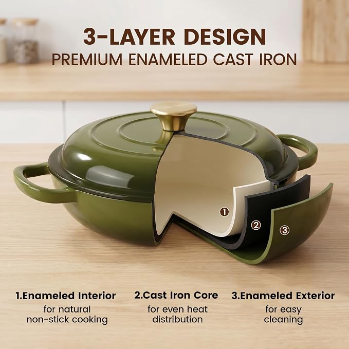 Vintage Style 3 Quart Enameled Cast Iron Braiser, Non Stick Enameled Cast Iron Skillet with Lid, Dutch Oven Skillet with lid up to 500°F for Oven, Stove, Grill, Shallow Dutch Oven for Cook, Bake (Golden Green)