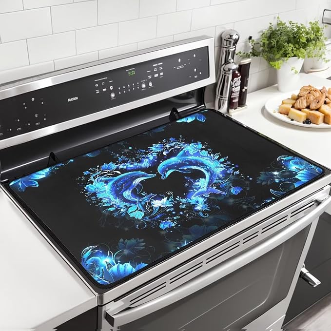 Dolphin Heart Stove Cover 30"x21" Heat Resistant Multi-Functional Counter Protector Non-slip Waterproof Mat for Glass Stovetop Protector Easy to Clean