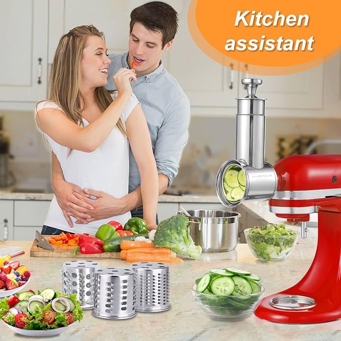 Large Stainless Steel Slicer Shredder Attachment for KitchenAid Mixers | Dishwasher Safe, 304 Stainless Steel Vegetable Cheese Grater Accessories with 4 Cutting Blades by KINGEAGLE
