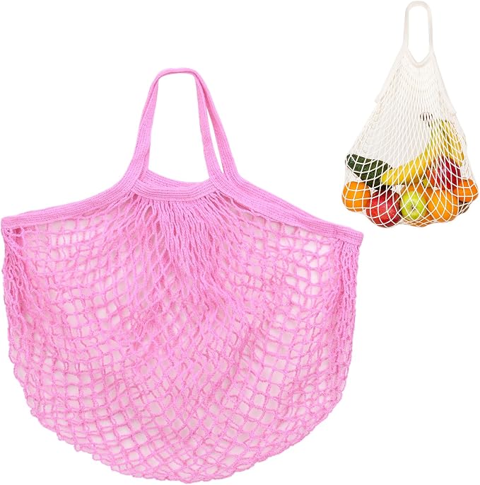 M METERXITY 1-Pack Cotton Mesh Bag, Reusable Washable Mesh Net String Grocery Bags, Reusable Produce Bags with Handle, Net Tote Bag for Fruits/Vegetables Shopping [Pink, Short Handle]