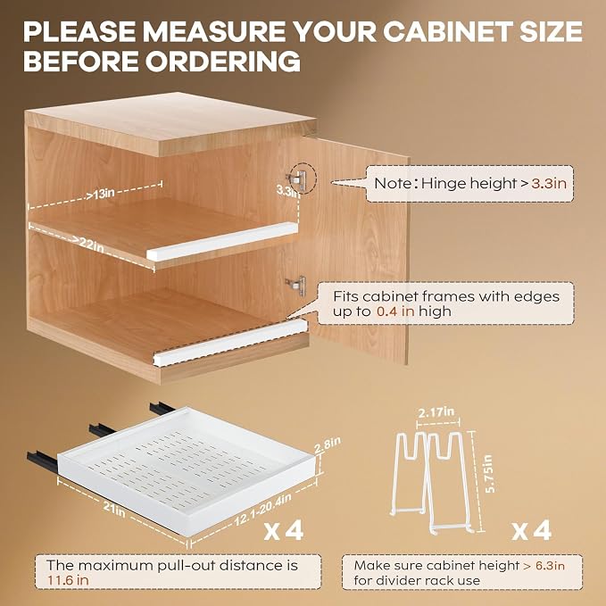 Seinloes 4 Pack Pull out Cabinet Organizer 21"Deep with Raising Pad for Framed Cabinets, Expandable Slide out Drawers for Kitchen Cabinets with 4pcs Divider Racks, Roll out Shelves 12.1"-20.4" W White