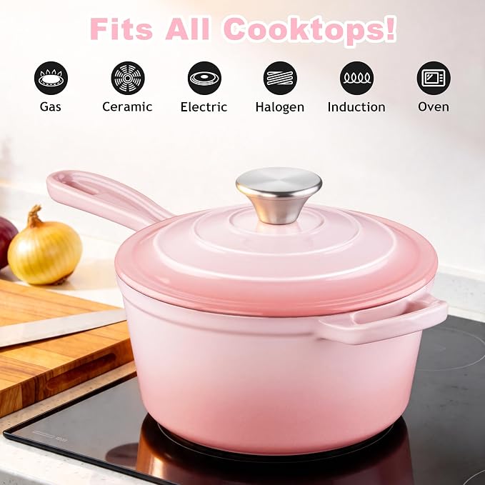 1 Quart Sauce Pan with Lid, Leonyo Small Cooking Pots, Enameled Cast Iron Cookware Set Simmer Pots for Kitchen Induction Boiling Soup, Bread, Ramen - Up to 500°F & Oven Safe, Pink