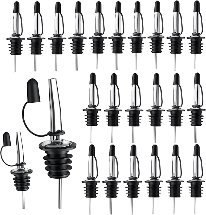 Pafusen 24 Pack Stainless Steel Speed Pourers Spouts with Tapered, Liquor Pourers with Rubber Cap, Hygienic, Dishwasher Safe, Fits most Classic Bottle's Lip up to 3/4"