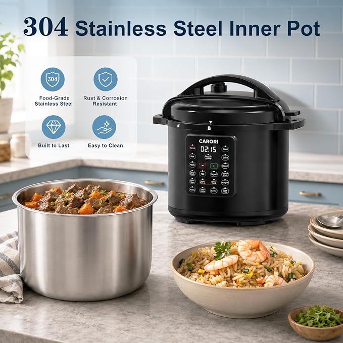 8Qt Electric Pressure Cooker 12-in-1, 1200W Stainless Steel Multi-Cooker, Slow Cook, Rice Cook, Steamer, Sauté, Yogurt Maker, Warmer & Sterilizer, Safer Venting Design with Recipe Book, Black