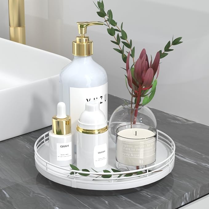 Oroyutor 9-Inch Oak Lazy Susan Vanity Tray, White Finish | Rotating oak tray organizes spices, toiletries and decor on kitchen counters, bathroom vanities, dining and coffee tables.