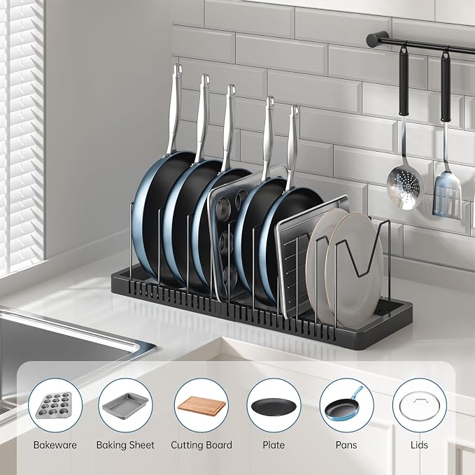 Pots and Pans Organizer under Cabinet, Expandable Pot Lid Organizer Holder with 10 Adjustable Compartment, Pan Organizers inside Cabinet for Lids, Bakeware, Kitchen Storage Pot Rack, Black