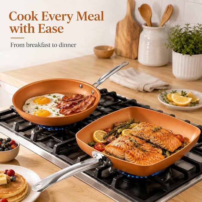 Toutrop 2 Pcs Non-stick Copper Frying Pan Set, 10" & 9.5" Chef Skillet with Ceramic Coating, Oven Dishwasher Safe, PFOA-Free, Home Use for All Stoves,10" Round+9.5" Square