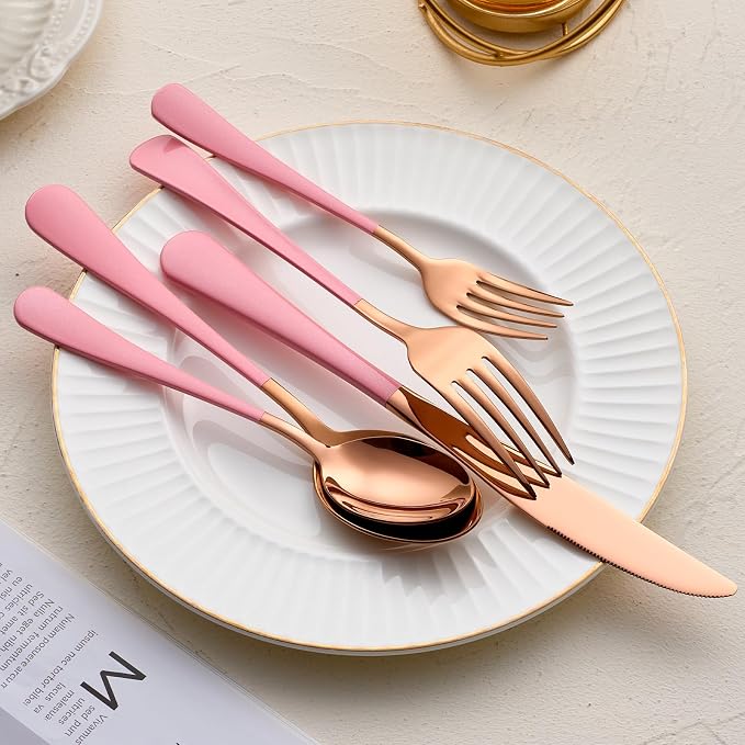 20-Pieces Rose Gold and Pink Silverware Sets for 4,Pink Handle Stainless Steel Cutlery Set, Include Forks Spoons and Knives Set, Dishwasher Safe Utensil Sets for Home Restaurant