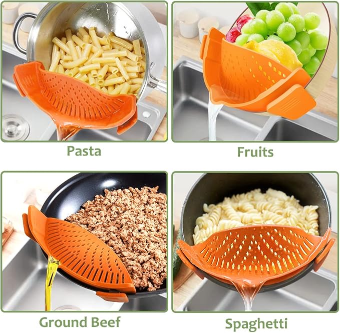 YEVIOR Clip on Strainer for Pots Pan Pasta,Silicone Food Pan Strainer | Food-grade BPA-free,Kitchen Food Strainer for Spaghetti, Pasta,Vegetable Fruits Fits All Bowls and Pots,Orange