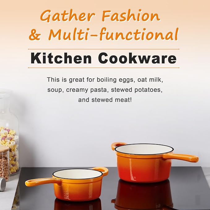 Leonyo 1Qt& 2Qt Cast Iron Saucepan Set, Dutch Oven Pot for Cooktop, Orange
