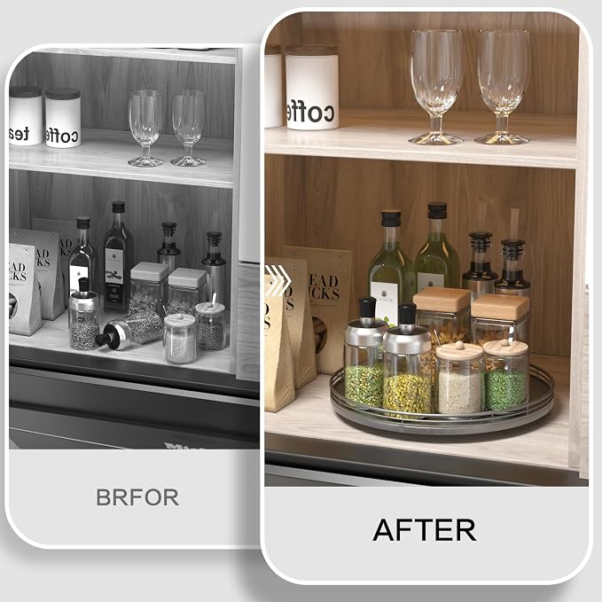 Oroyutor 13-Inch Oak Lazy Susan Decorative Tray with Silver Metal Rail | Rotating oak tray organizes spices, toiletries and decor on kitchen counters, bathroom vanities, dining and coffee tables.