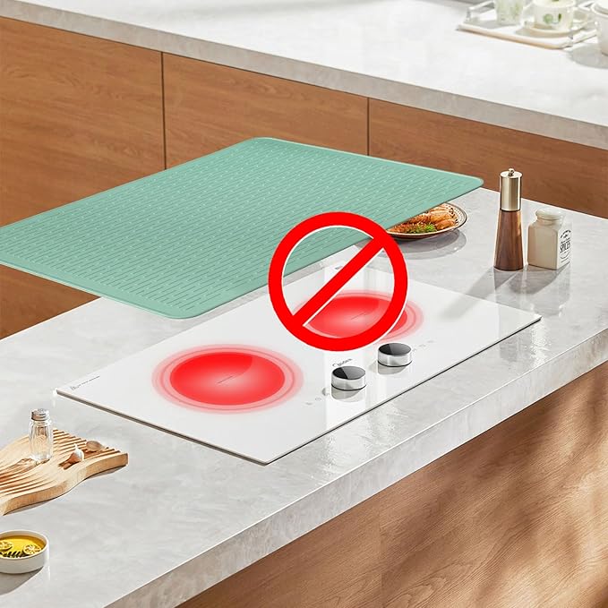 Stove Top Cover for Electric Stove - Food Grade Ceramic Stove top Cover, Silicone XXL Dish Drying Mat, Glass Cooktop Covers, Flat RV Range top Mats (Green,30x21)