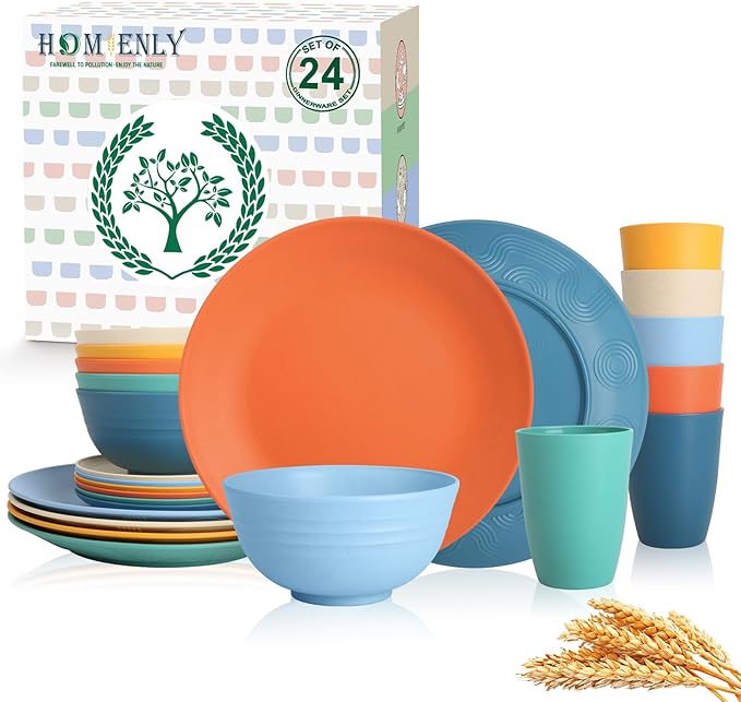 Unbreakable Wheat Straw Dinnerware Set - Plastic Plates and Bowls Sets Alternative, 24-Piece Dishes Set for Apartment, RV, Party, Microwave and Dishwasher Safe Plates, Bowls, Cups(Multi)
