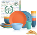 Unbreakable Wheat Straw Dinnerware Set - Plastic Plates and Bowls Sets Alternative, 24-Piece Dishes Set for Apartment, RV, Party, Microwave and Dishwasher Safe Plates, Bowls, Cups(Multi)