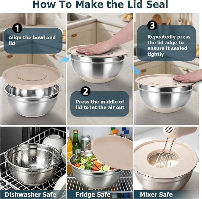 Stainless Steel Mixing Bowls with Lids, Non-Slip Silicone Base Set | 14-piece set with 6.3, 4.3, 3.6 and 2.9 QT bowls, colander, grater and measuring spoons, Stackable for storage